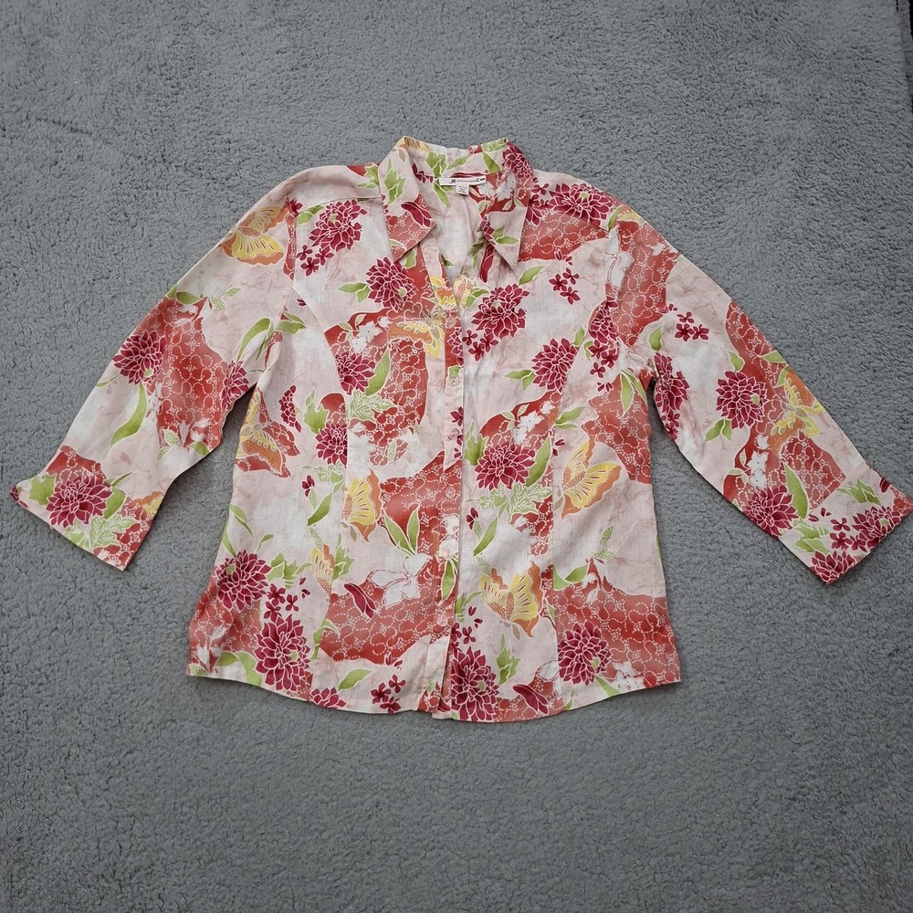 JM Collection Top Medium 100% Linen Butterfly Floral Button Up Garden Girl